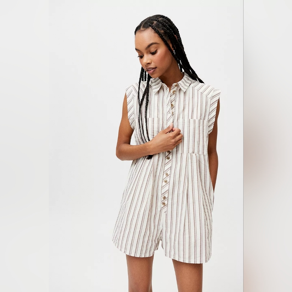 Urban Outfitters Cotton Zoey Stripe Short Sleeve Neutral Playsuit Romper Size S